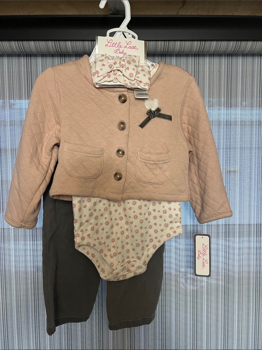 Little Lass Pink Quilted Jacket with Floral Bodysuit & Brown Pants